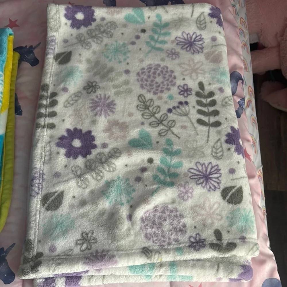 2 Baby Shark and Floral Patterned baby Blankets